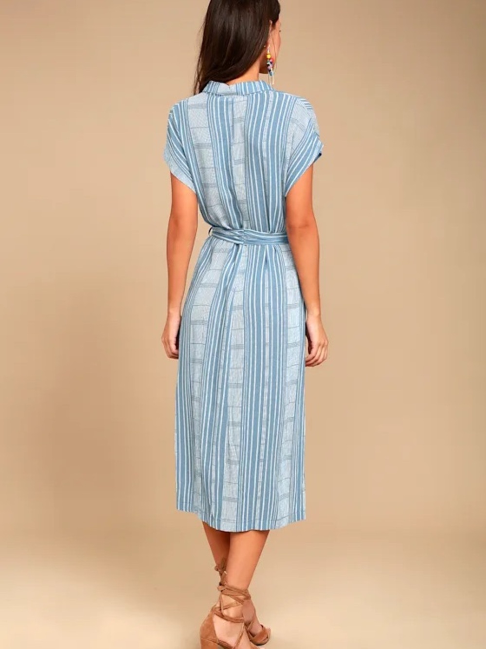 LUSH Light Blue Striped Belted Button-Front Midi Dress - Picture 2 of 8